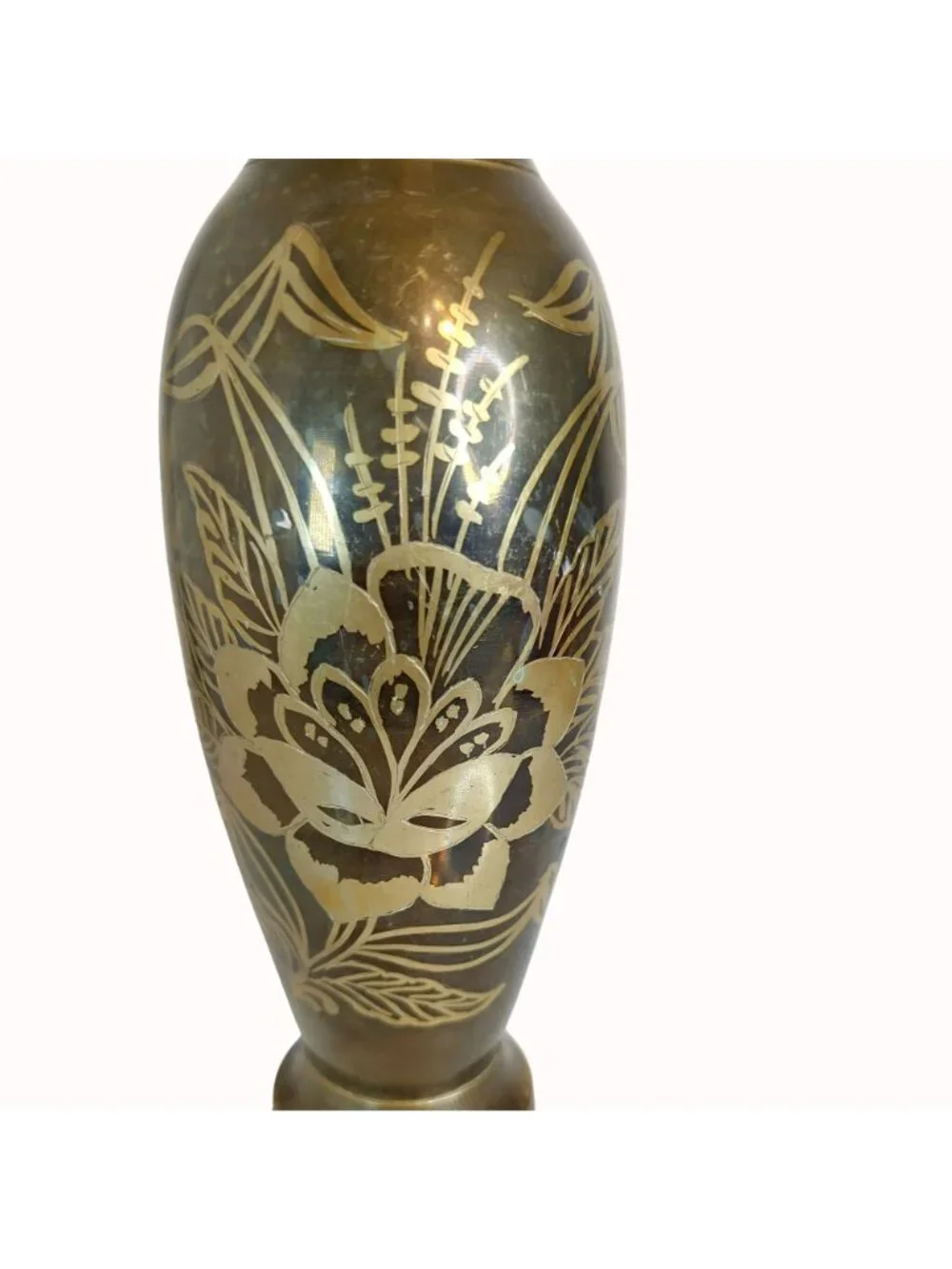 Vintage India Solid Brass Vase Engraved Floral Flower 13.75
